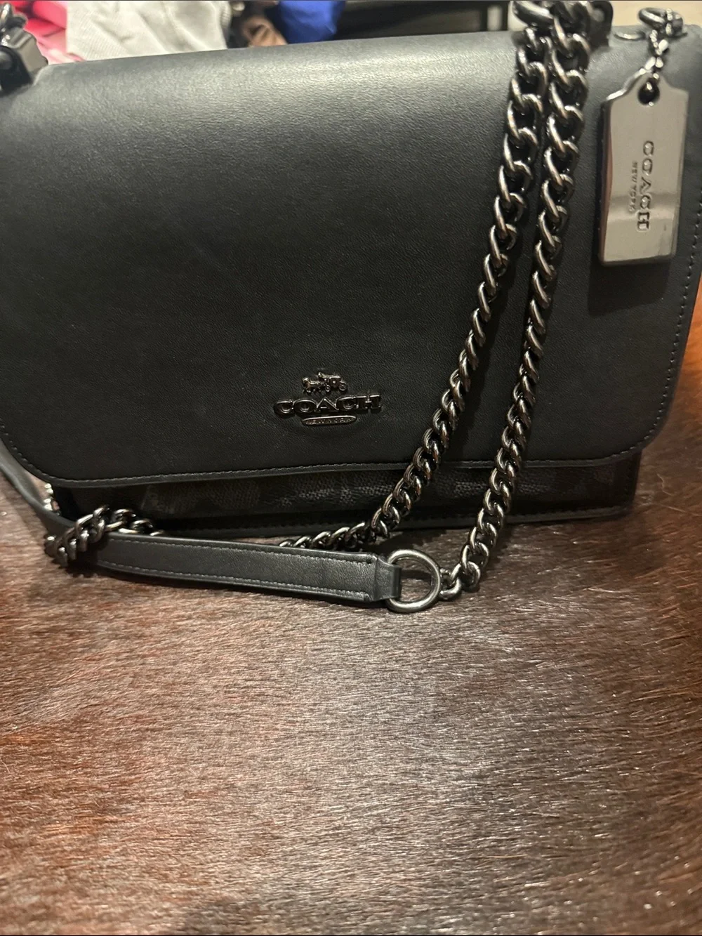 Coach Black Leather & Signature Canvas Chain Shoulder Bag